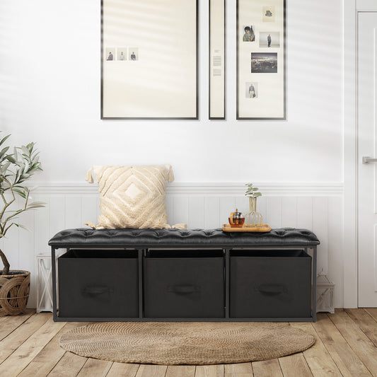 Cozy Castle 52" Faux Leather Bench, Entryway Bench with Storage Bins, Button Tufted Ottoman Bedroom Bench, Upholstered Dining Bench, Black