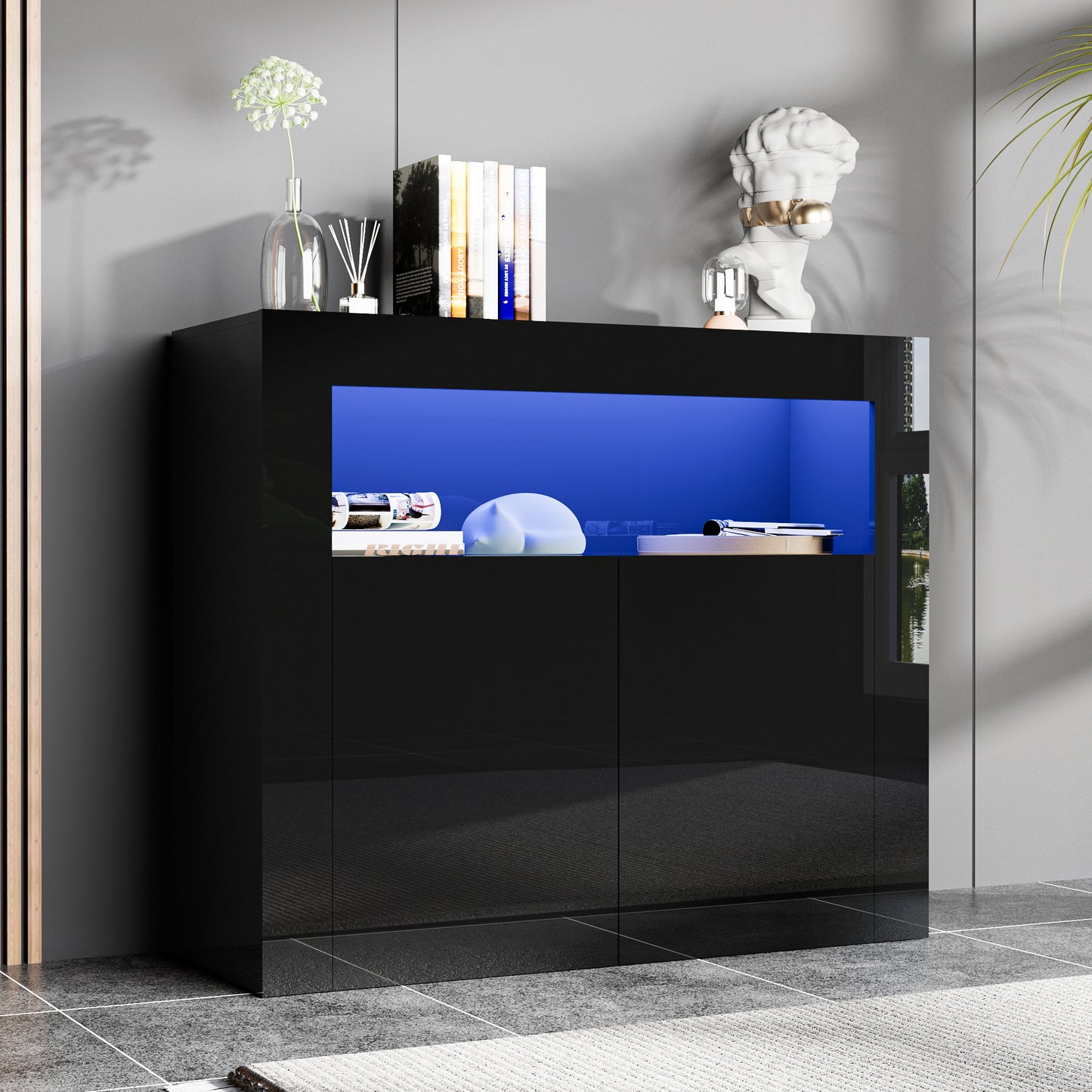 Modern Buffet Cabinet with LED Lights, High Glossy Sideboard Storage Cabinet with 2 Doors and Adjustable Shelf