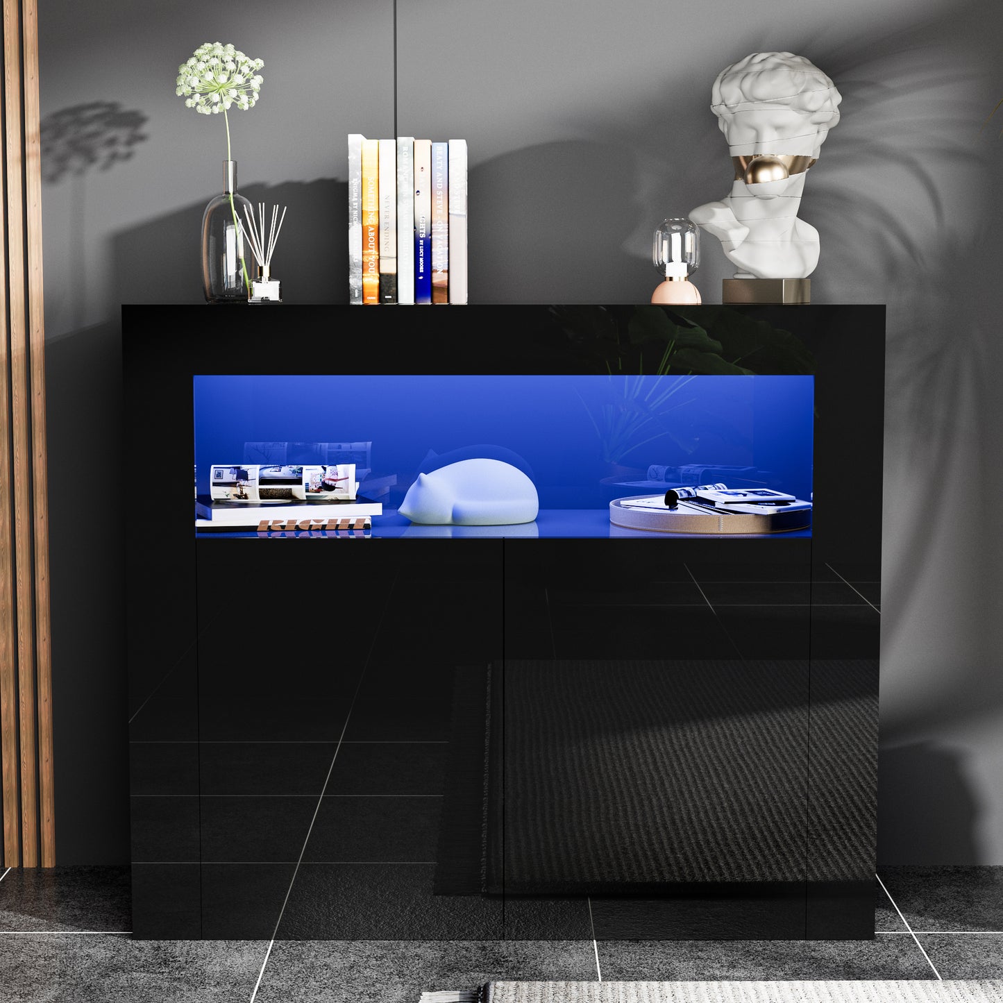 Modern Buffet Cabinet with LED Lights, High Glossy Sideboard Storage Cabinet with 2 Doors and Adjustable Shelf