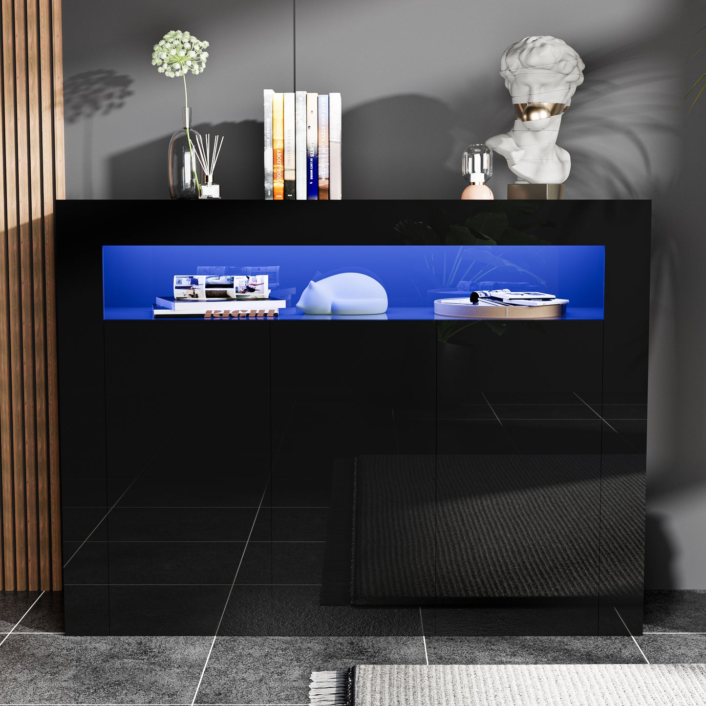Modern Buffet Cabinet with LED Lights, High Glossy Sideboard Storage Cabinet with 3 Doors and Adjustable Shelf